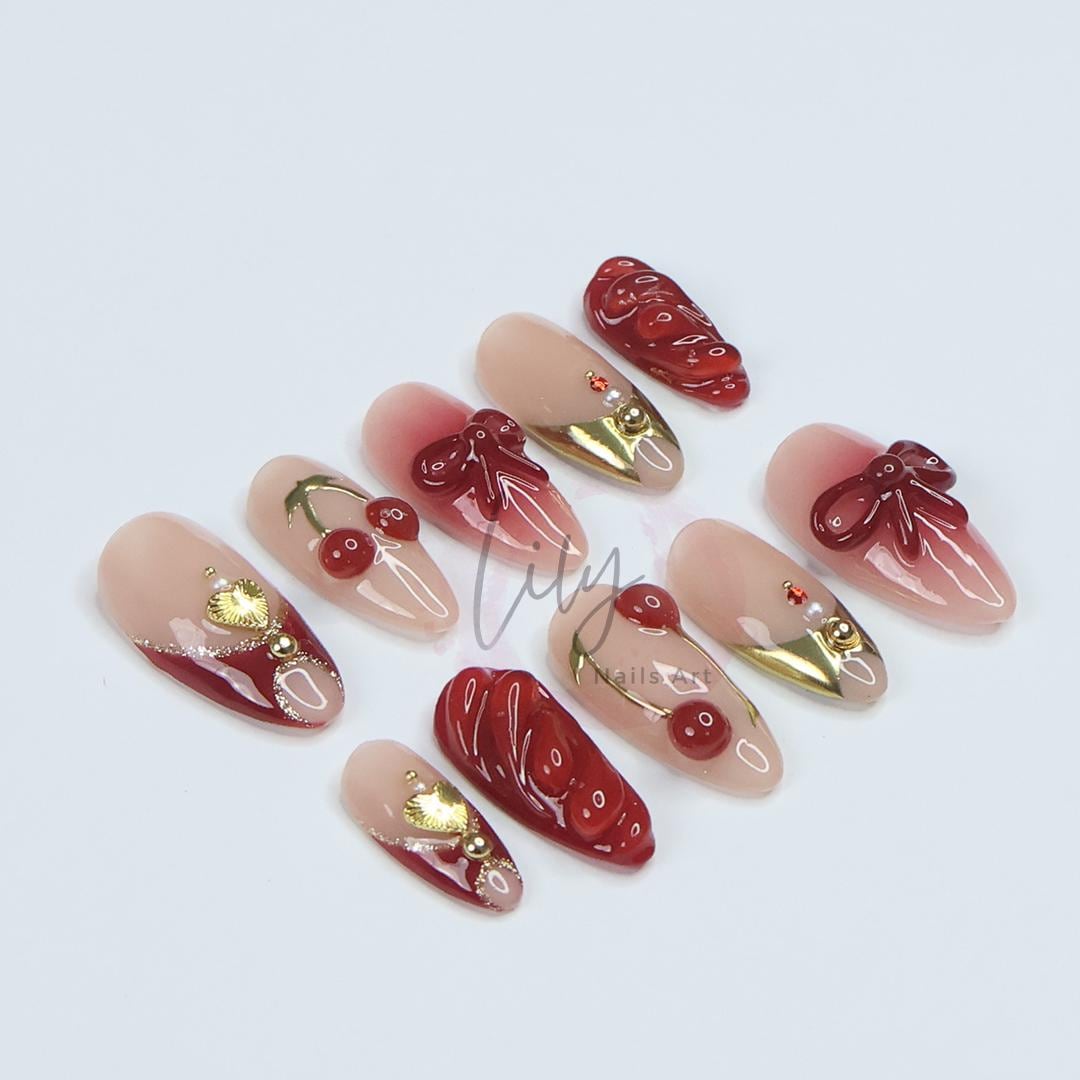 Elegant Cherry Press-On Nails - Red & Nude with 3D Bows, Gold Accents, Romantic Design - Medium Almond, Perfect Gift or Daily Nails