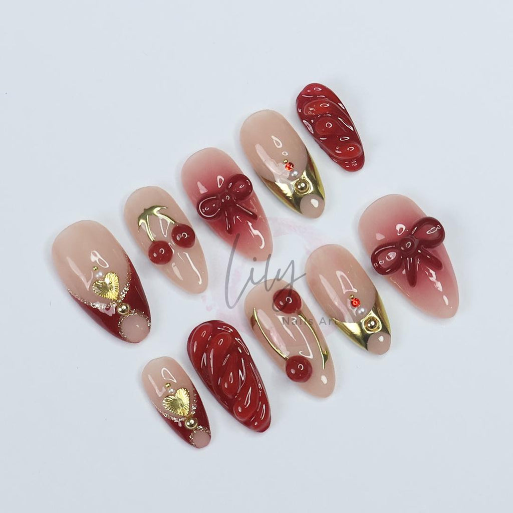 Elegant Cherry Press-On Nails - Red & Nude with 3D Bows, Gold Accents, Romantic Design - Medium Almond, Perfect Gift or Daily Nails