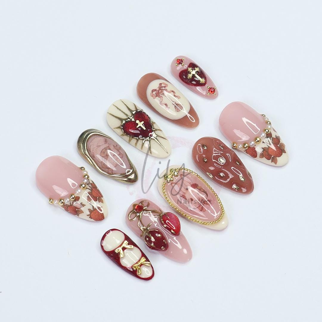 Valentine Press On Nails with 3D Heart and Strawberry Accents, Medium Almond Pink Nail in Sweet Gothic Style for a Romantic Aesthetic Look
