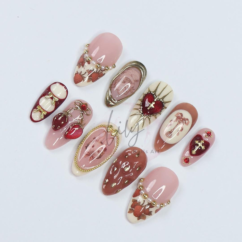 Valentine Press On Nails with 3D Heart and Strawberry Accents, Medium Almond Pink Nail in Sweet Gothic Style for a Romantic Aesthetic Look