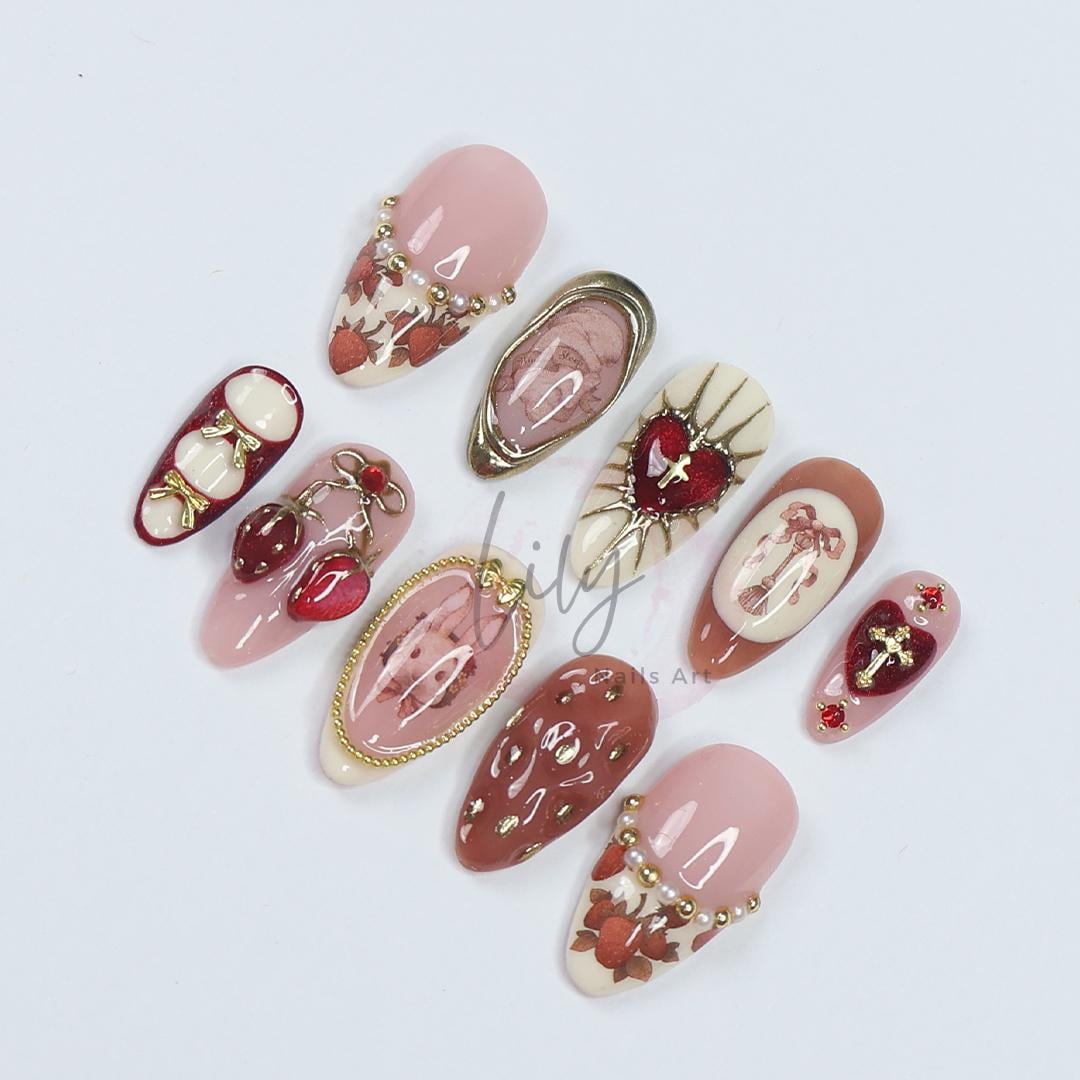Valentine Press On Nails with 3D Heart and Strawberry Accents, Medium Almond Pink Nail in Sweet Gothic Style for a Romantic Aesthetic Look
