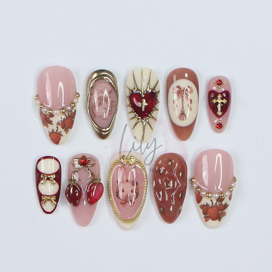 Valentine Press On Nails with 3D Heart and Strawberry Accents, Medium Almond Pink Nail in Sweet Gothic Style for a Romantic Aesthetic Look