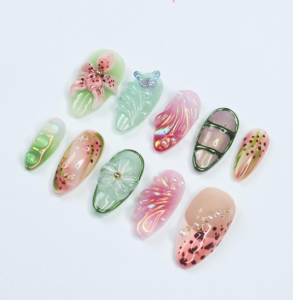 Press On Nail Florivibe Floral & Leaf Art | 3D Flower Fake Nail Medium Almond | Handmade Nature-Inspired Nail Art for Vacation, Party, Event