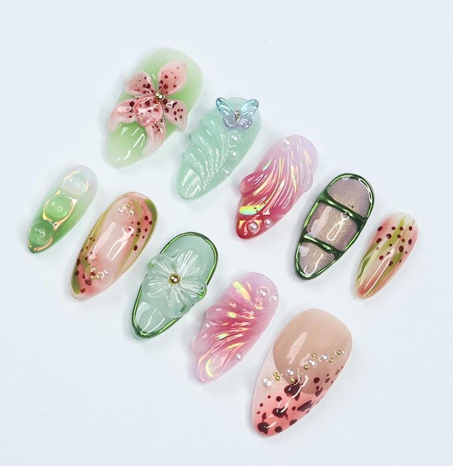 Press On Nail Florivibe Floral & Leaf Art | 3D Flower Fake Nail Medium Almond | Handmade Nature-Inspired Nail Art for Vacation, Party, Event