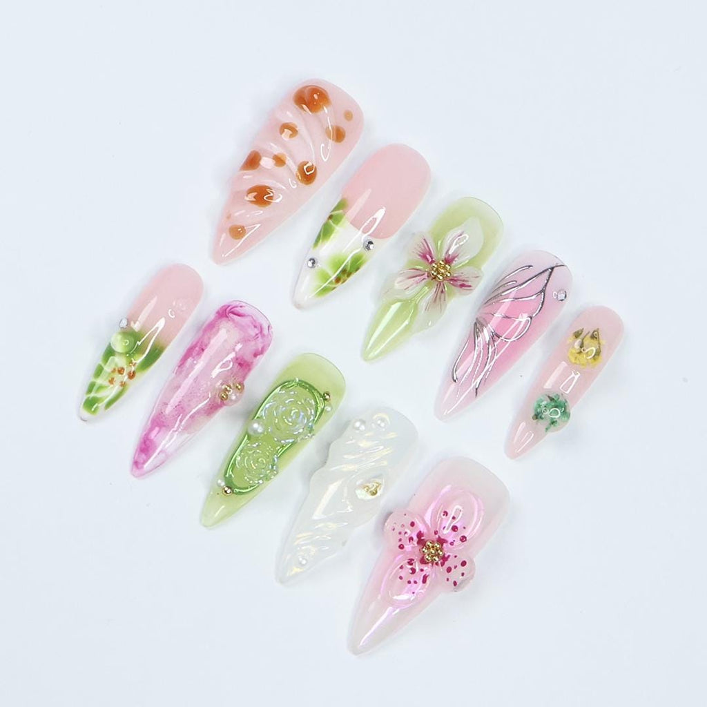 Press On Nails Petaluxe Floral & Butterfly Art | 3D Flower Fake Nails Medium Stiletto | Handmade Pastel Nail Art for Wedding, Party, Event