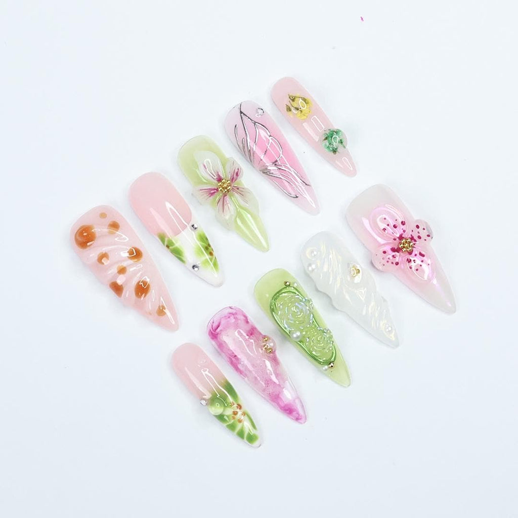 Press On Nails Petaluxe Floral & Butterfly Art | 3D Flower Fake Nails Medium Stiletto | Handmade Pastel Nail Art for Wedding, Party, Event