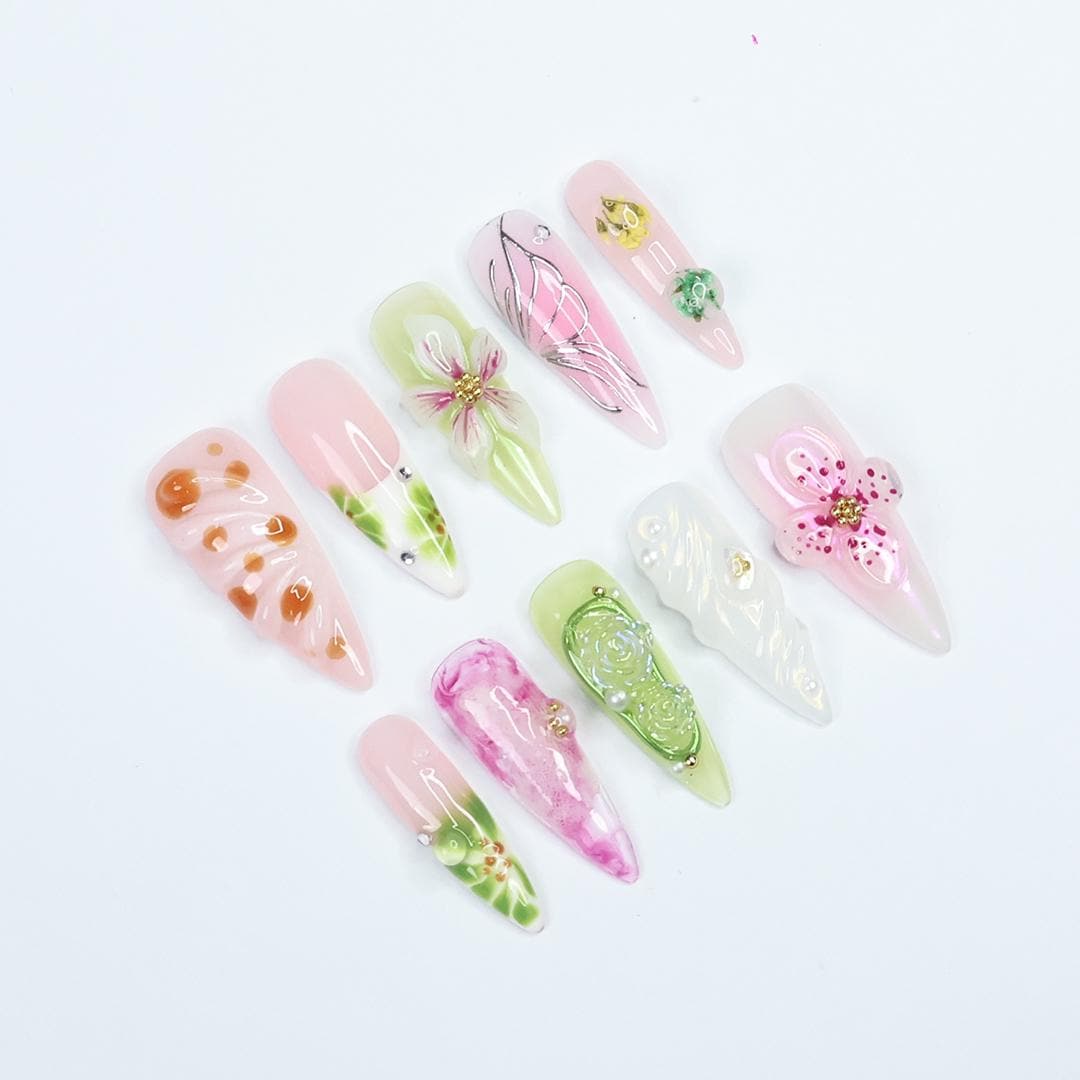 Press On Nails Petaluxe Floral & Butterfly Art | 3D Flower Fake Nails Medium Stiletto | Handmade Pastel Nail Art for Wedding, Party, Event