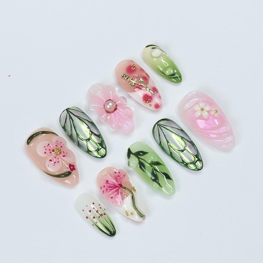 Press On Nails Verdeluxe Leaf & Flower Art | 3D Floral Fake Nails Medium Almond | Handmade Botanical Nail Art for Wedding, Party, Event