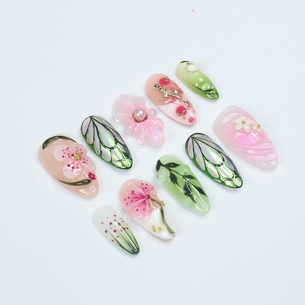 Press On Nails Verdeluxe Leaf & Flower Art | 3D Floral Fake Nails Medium Almond | Handmade Botanical Nail Art for Wedding, Party, Event