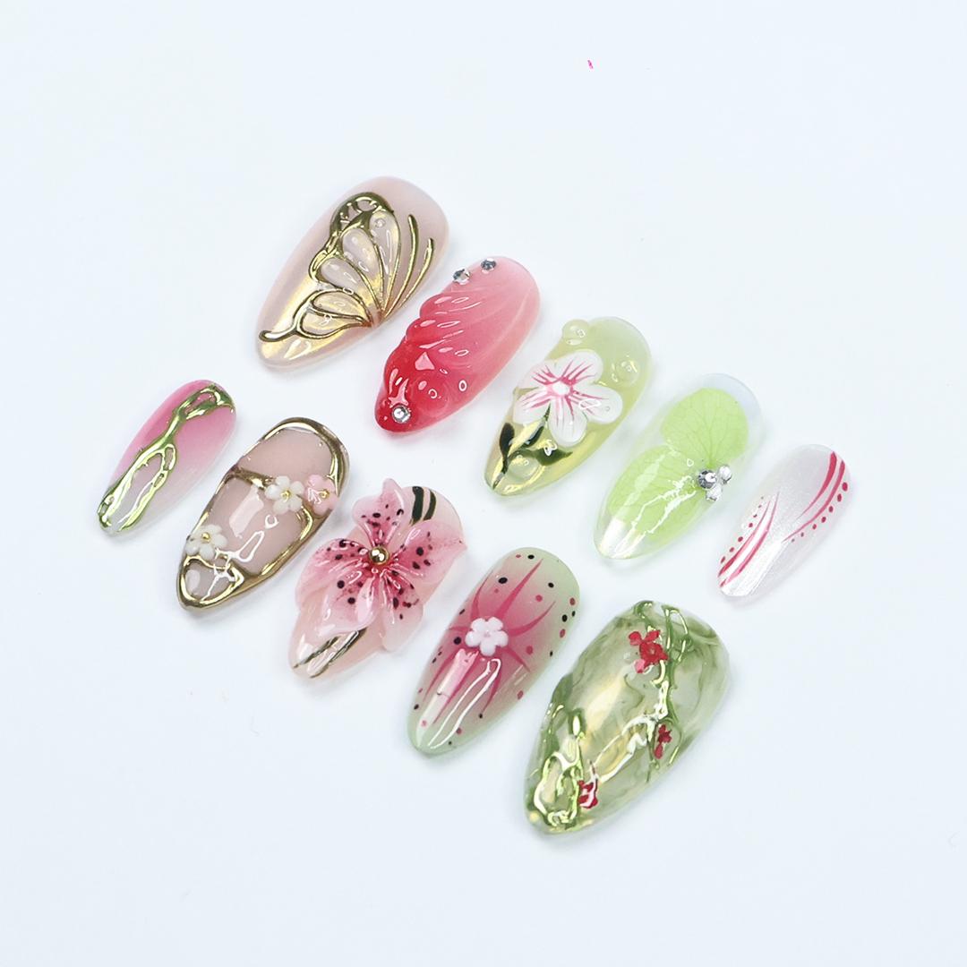 Press On Nails Floraluxe Butterfly & Flower Art | 3D Floral Fake Nails Medium Almond | Handmade Nature-Inspired Nail Art for Wedding, Party
