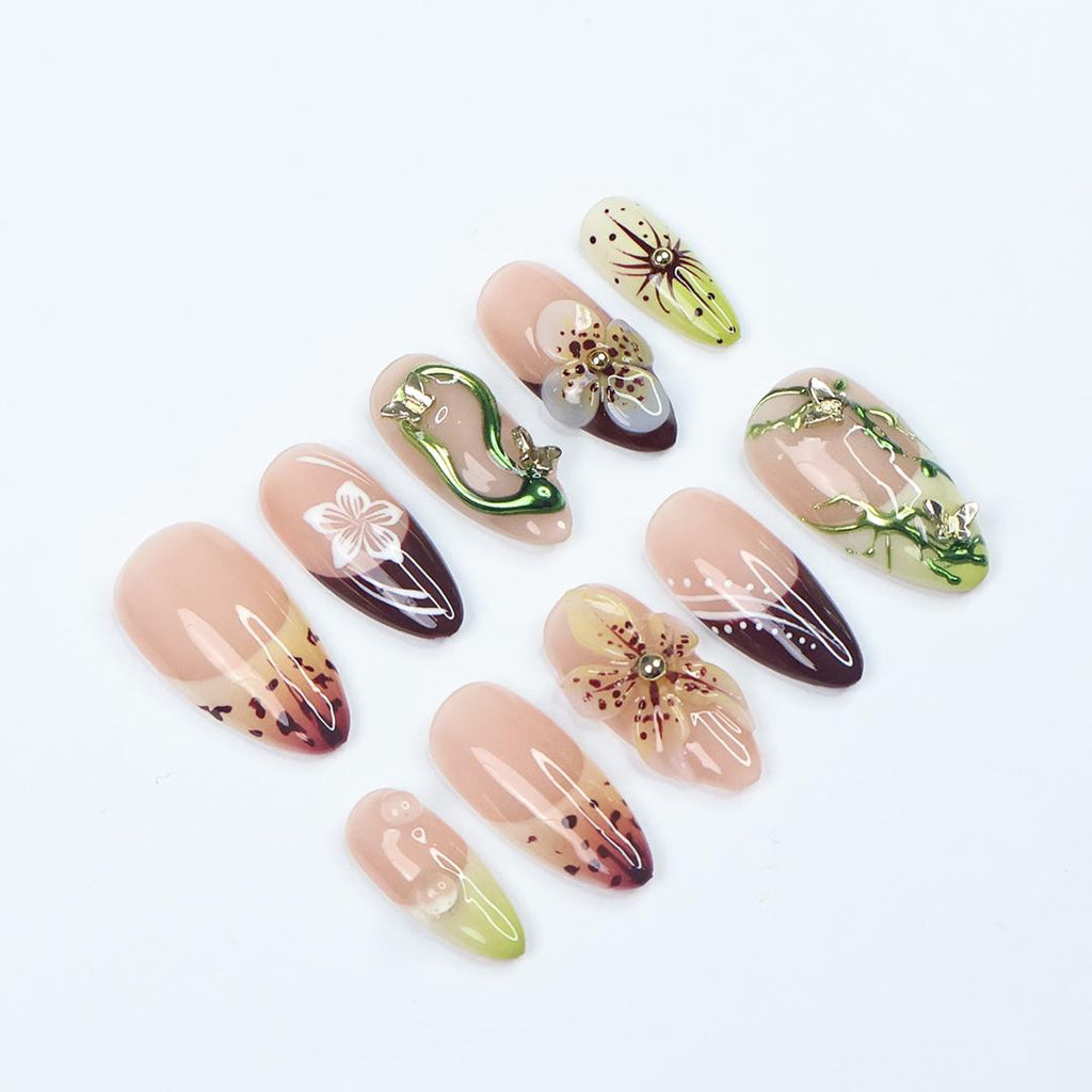 Press On Nails Rainfern Jungle & Floral Art | 3D Flower Fake Nails Medium Almond | Handmade Botanical Nail Art for Party, Vacation, Fashion