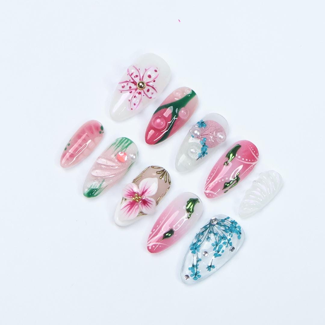 Press On Nails Blossivine Floral & Vine Art | 3D Flower Fake Nails Medium Almond | Handmade Pastel Nail Art for Party, Wedding, Vacation