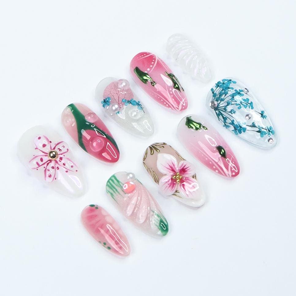 Press On Nails Blossivine Floral & Vine Art | 3D Flower Fake Nails Medium Almond | Handmade Pastel Nail Art for Party, Wedding, Vacation