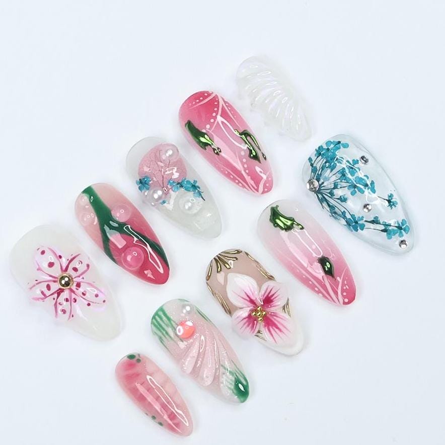Press On Nails Blossivine Floral & Vine Art | 3D Flower Fake Nails Medium Almond | Handmade Pastel Nail Art for Party, Wedding, Vacation