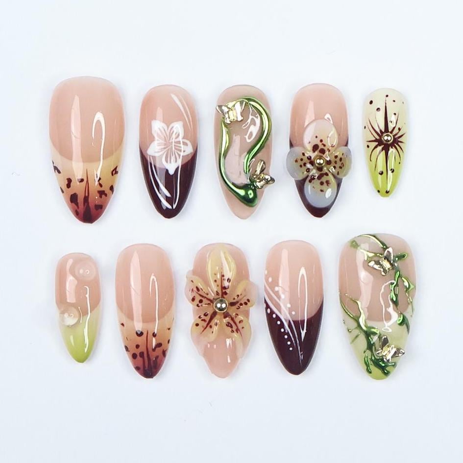 Press On Nails Rainfern Jungle & Floral Art | 3D Flower Fake Nails Medium Almond | Handmade Botanical Nail Art for Party, Vacation, Fashion