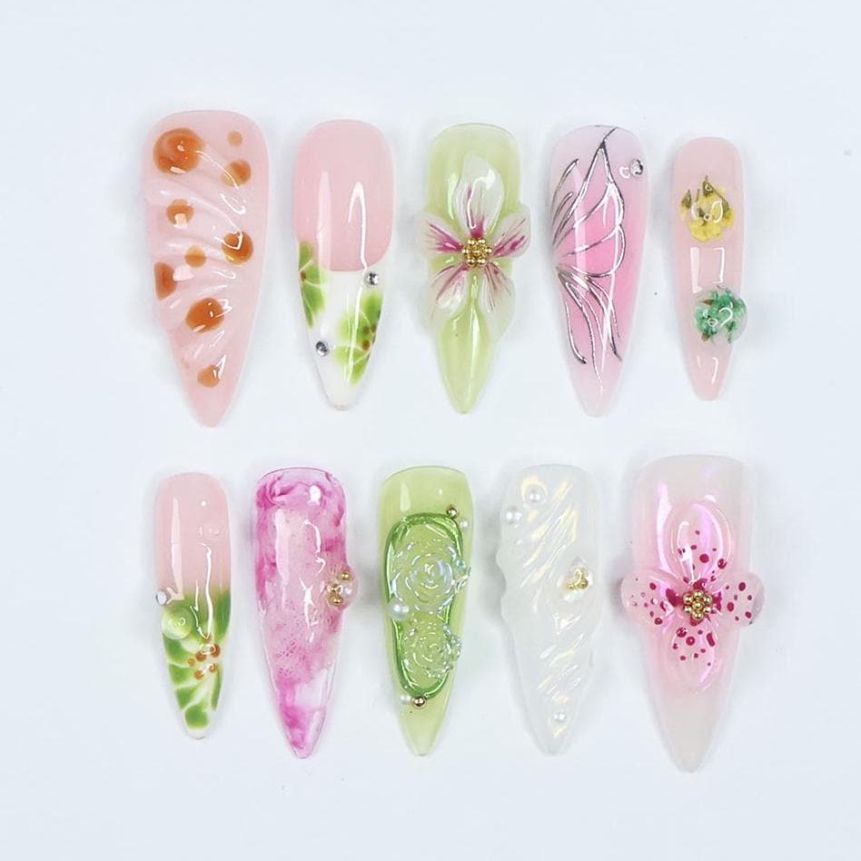 Press On Nails Petaluxe Floral & Butterfly Art | 3D Flower Fake Nails Medium Stiletto | Handmade Pastel Nail Art for Wedding, Party, Event