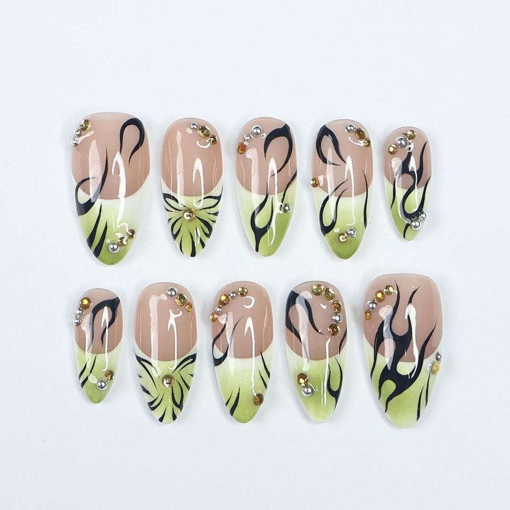 Nature-Inspired Hand-Painted Press-On Nails with Earthy Green & Nude Tones, Perfect for Boho Chic Looks, Special Events, or Everyday Glam