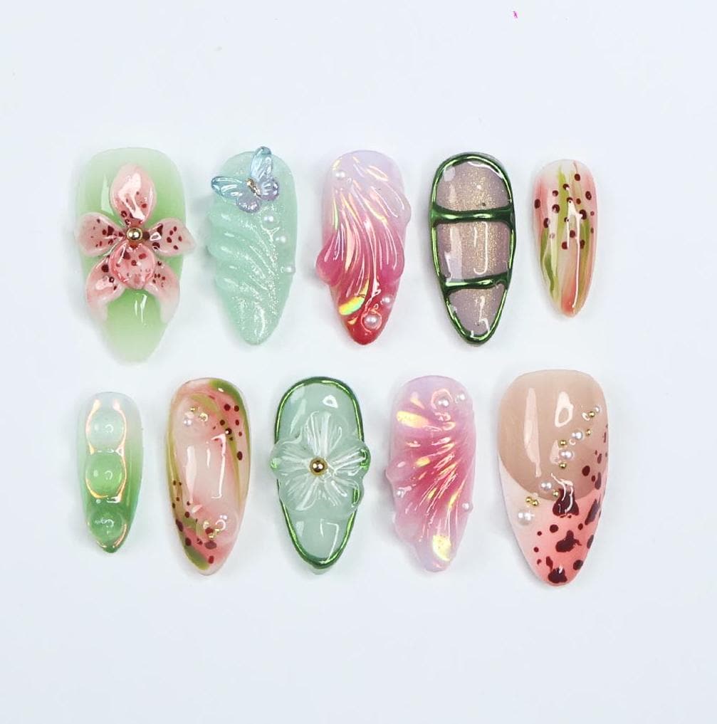 Press On Nail Florivibe Floral & Leaf Art | 3D Flower Fake Nail Medium Almond | Handmade Nature-Inspired Nail Art for Vacation, Party, Event