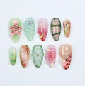 Press On Nail Florivibe Floral & Leaf Art | 3D Flower Fake Nail Medium Almond | Handmade Nature-Inspired Nail Art for Vacation, Party, Event