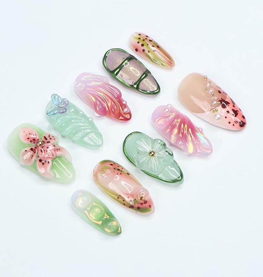 Press On Nail Florivibe Floral & Leaf Art | 3D Flower Fake Nail Medium Almond | Handmade Nature-Inspired Nail Art for Vacation, Party, Event