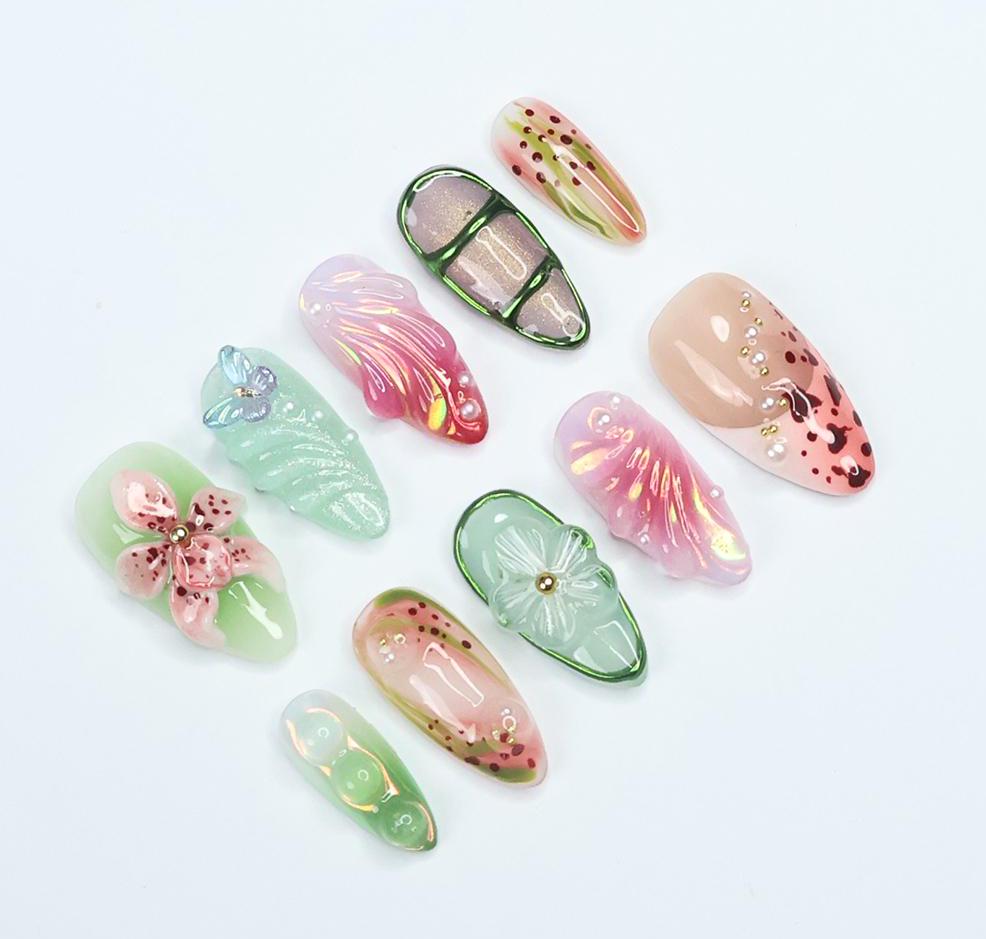 Press On Nail Florivibe Floral & Leaf Art | 3D Flower Fake Nail Medium Almond | Handmade Nature-Inspired Nail Art for Vacation, Party, Event