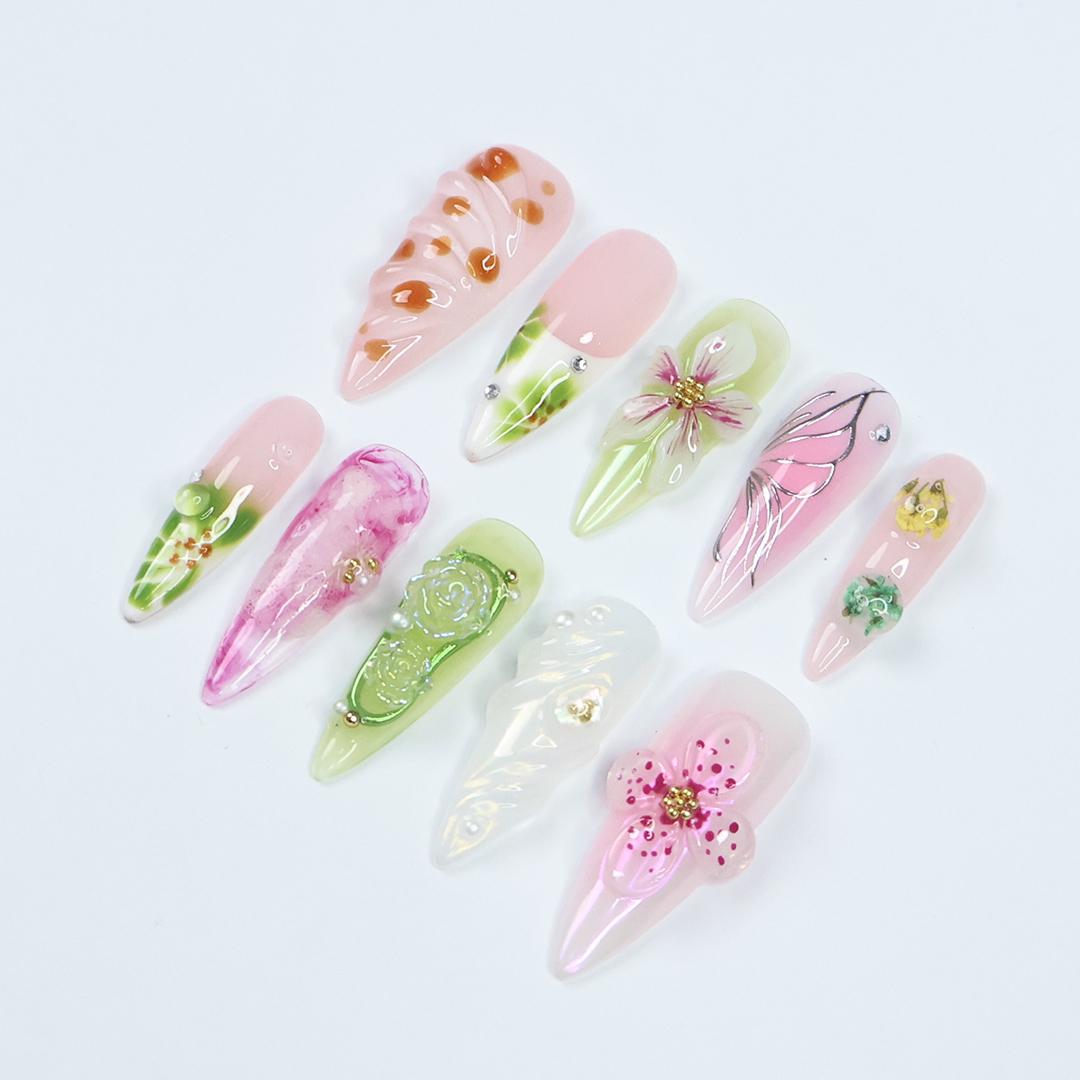 Press On Nails Petaluxe Floral & Butterfly Art | 3D Flower Fake Nails Medium Stiletto | Handmade Pastel Nail Art for Wedding, Party, Event