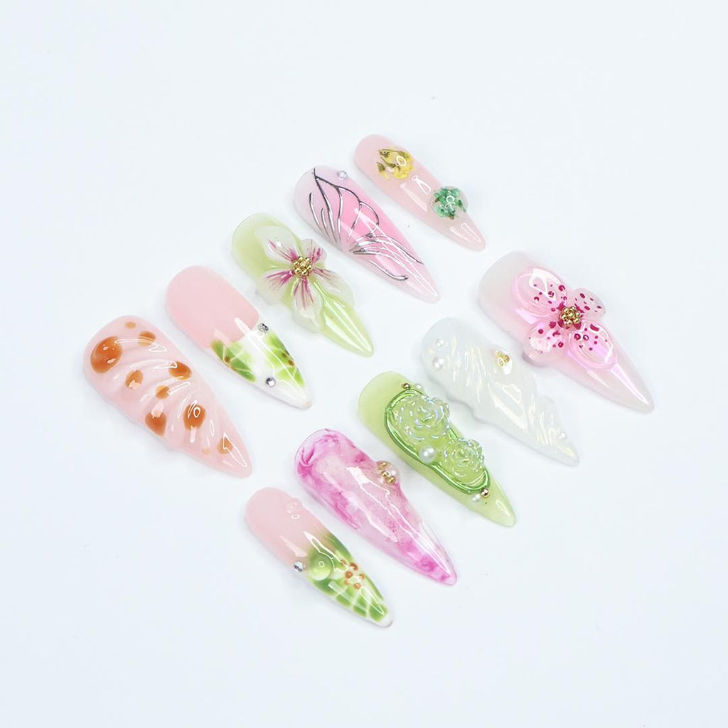 Press On Nails Petaluxe Floral & Butterfly Art | 3D Flower Fake Nails Medium Stiletto | Handmade Pastel Nail Art for Wedding, Party, Event