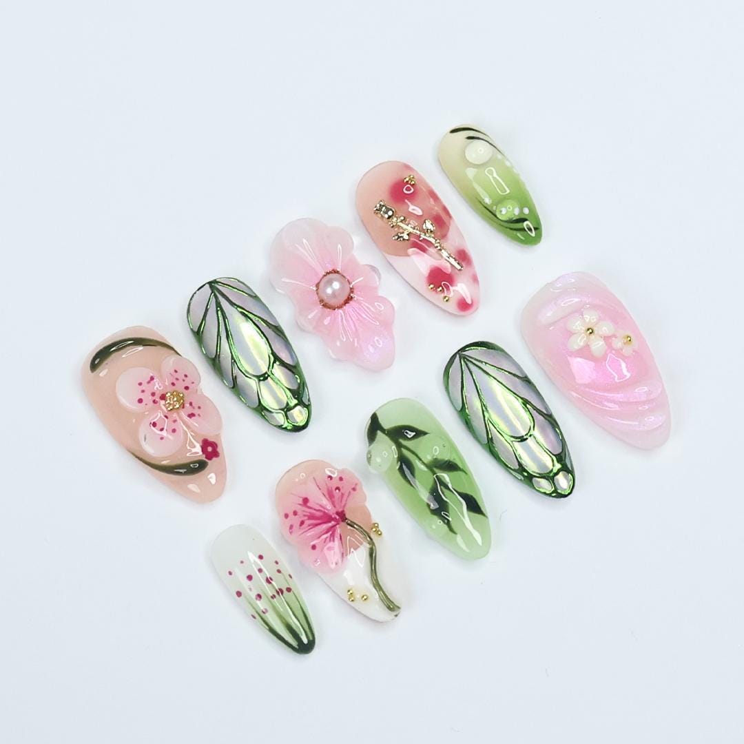 Press On Nails Verdeluxe Leaf & Flower Art | 3D Floral Fake Nails Medium Almond | Handmade Botanical Nail Art for Wedding, Party, Event