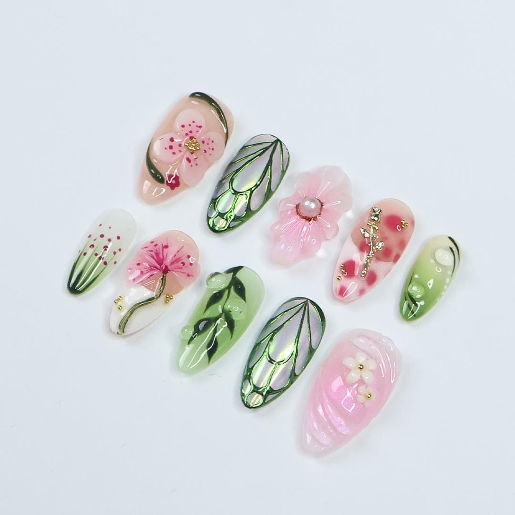 Press On Nails Verdeluxe Leaf & Flower Art | 3D Floral Fake Nails Medium Almond | Handmade Botanical Nail Art for Wedding, Party, Event