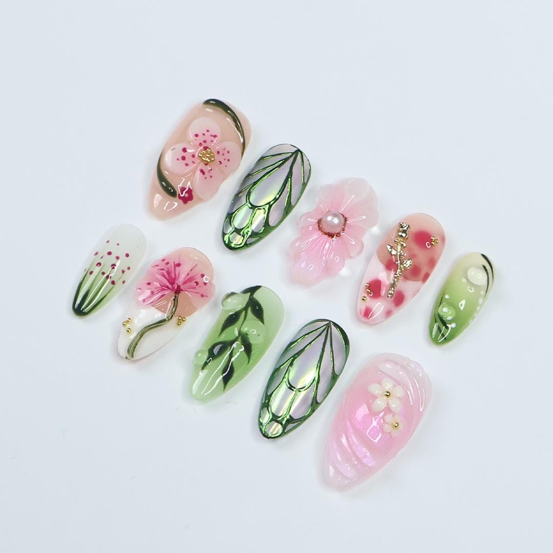 Press On Nails Verdeluxe Leaf & Flower Art | 3D Floral Fake Nails Medium Almond | Handmade Botanical Nail Art for Wedding, Party, Event