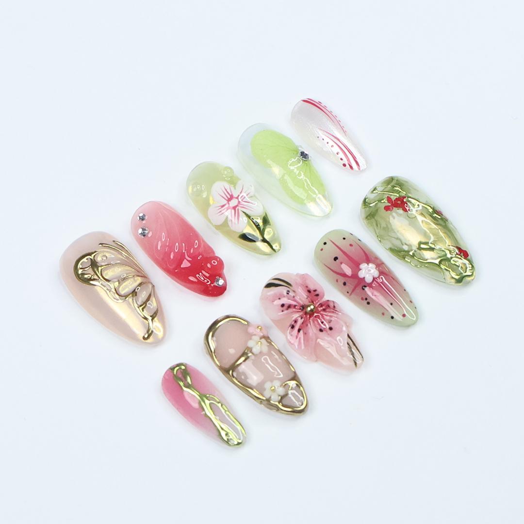 Press On Nails Floraluxe Butterfly & Flower Art | 3D Floral Fake Nails Medium Almond | Handmade Nature-Inspired Nail Art for Wedding, Party
