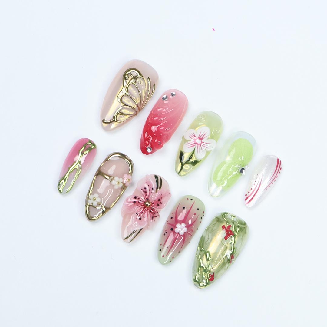 Press On Nails Floraluxe Butterfly & Flower Art | 3D Floral Fake Nails Medium Almond | Handmade Nature-Inspired Nail Art for Wedding, Party