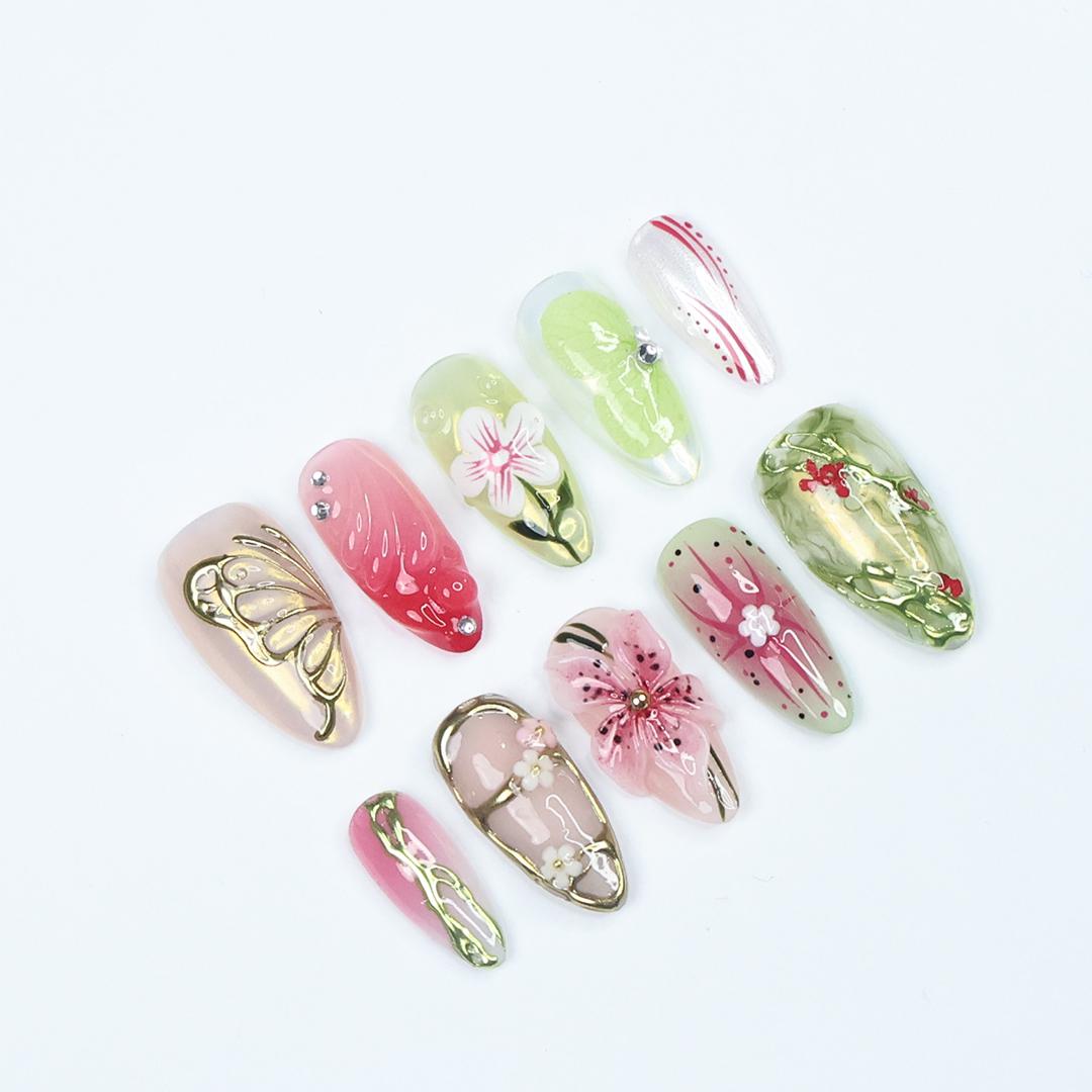 Press On Nails Floraluxe Butterfly & Flower Art | 3D Floral Fake Nails Medium Almond | Handmade Nature-Inspired Nail Art for Wedding, Party