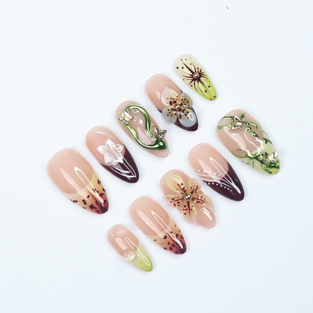 Press On Nails Rainfern Jungle & Floral Art | 3D Flower Fake Nails Medium Almond | Handmade Botanical Nail Art for Party, Vacation, Fashion