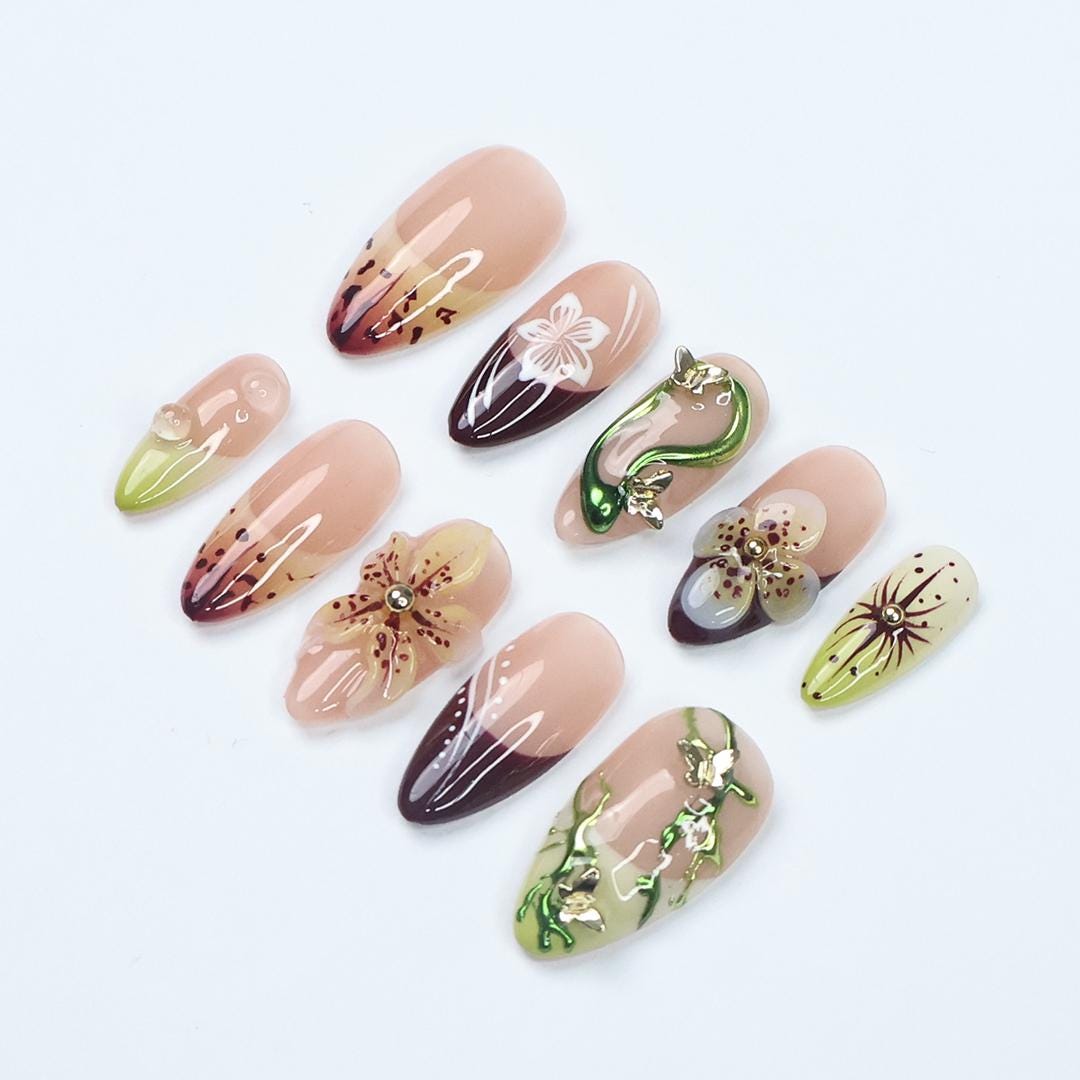Press On Nails Rainfern Jungle & Floral Art | 3D Flower Fake Nails Medium Almond | Handmade Botanical Nail Art for Party, Vacation, Fashion