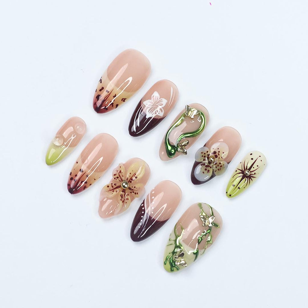 Press On Nails Rainfern Jungle & Floral Art | 3D Flower Fake Nails Medium Almond | Handmade Botanical Nail Art for Party, Vacation, Fashion