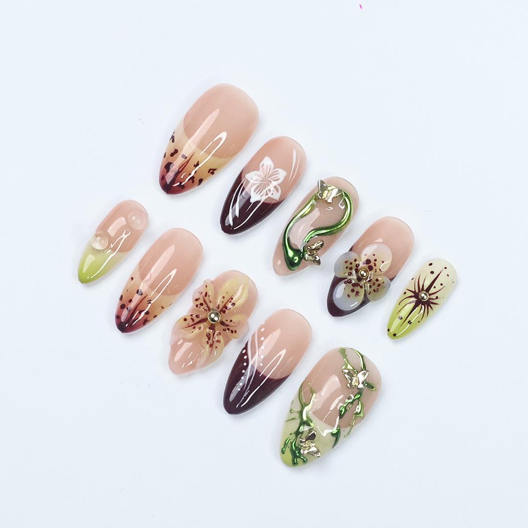 Press On Nails Rainfern Jungle & Floral Art | 3D Flower Fake Nails Medium Almond | Handmade Botanical Nail Art for Party, Vacation, Fashion