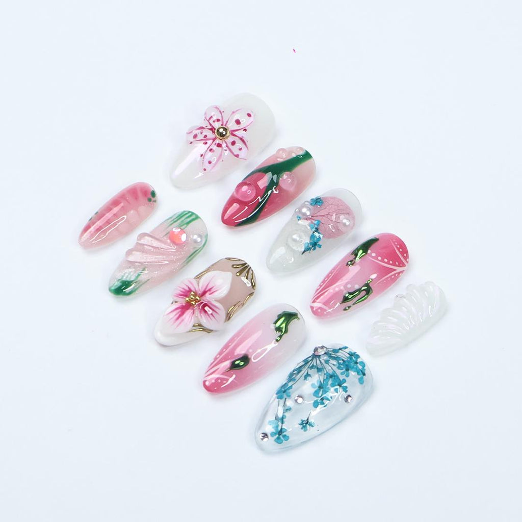 Press On Nails Blossivine Floral & Vine Art | 3D Flower Fake Nails Medium Almond | Handmade Pastel Nail Art for Party, Wedding, Vacation