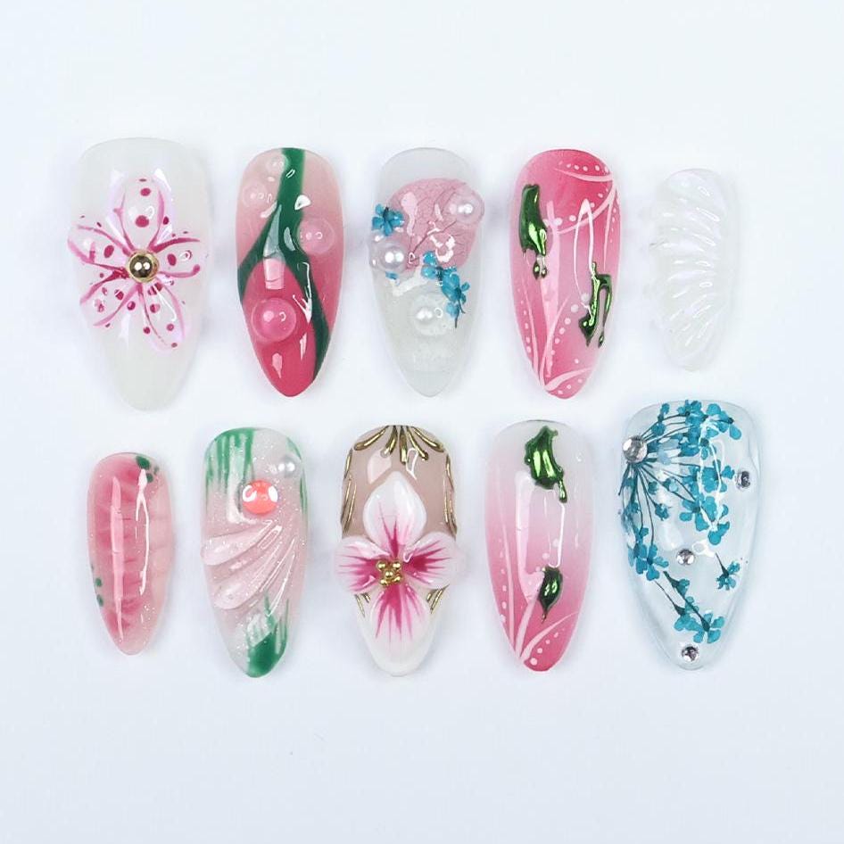 Press On Nails Blossivine Floral & Vine Art | 3D Flower Fake Nails Medium Almond | Handmade Pastel Nail Art for Party, Wedding, Vacation