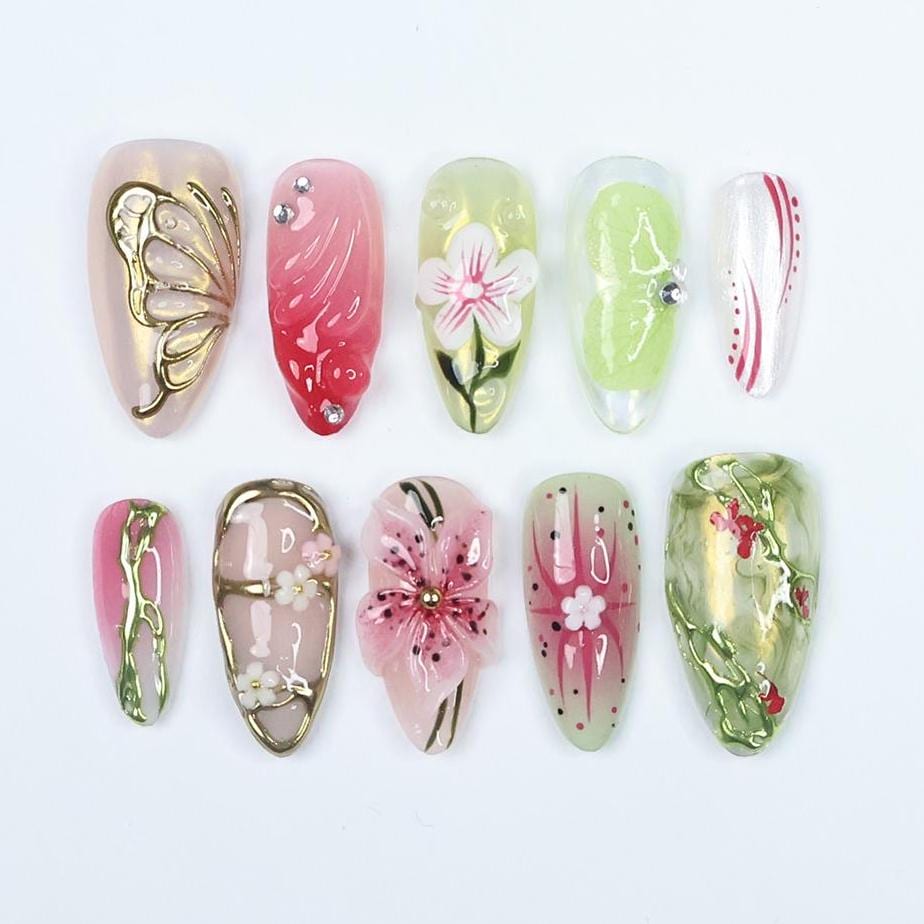 Press On Nails Floraluxe Butterfly & Flower Art | 3D Floral Fake Nails Medium Almond | Handmade Nature-Inspired Nail Art for Wedding, Party