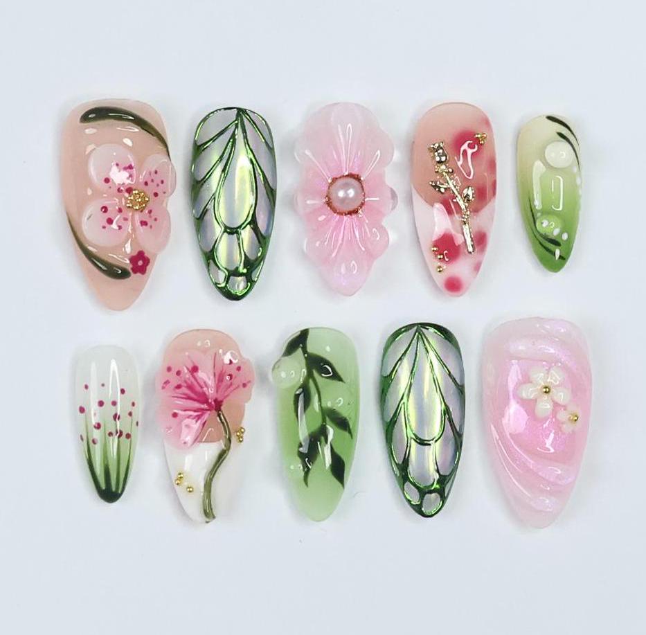 Press On Nails Verdeluxe Leaf & Flower Art | 3D Floral Fake Nails Medium Almond | Handmade Botanical Nail Art for Wedding, Party, Event