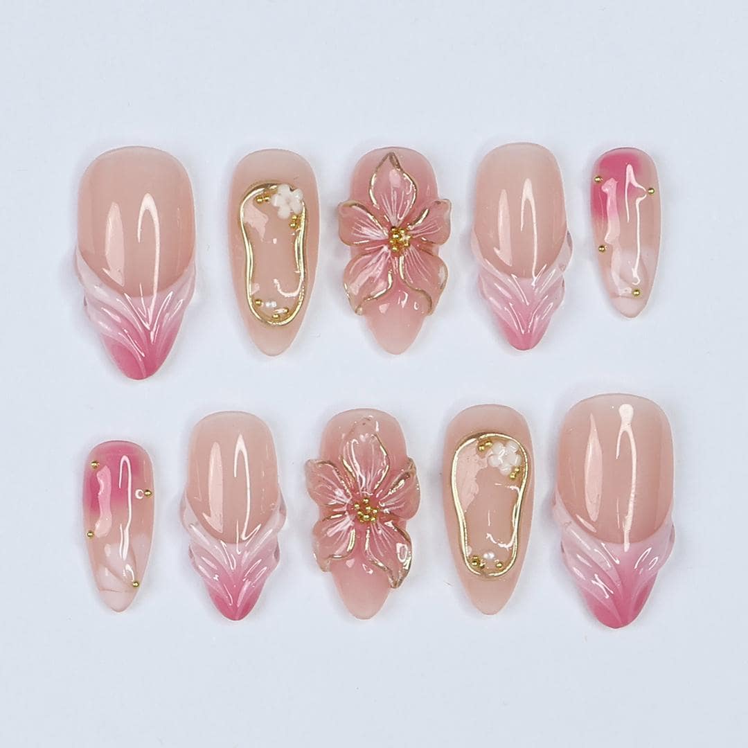 Blush Bloom Elegance Press On Nails with 3D Floral Accents, Gold Details & Pink Ombre, Suitable for Wedding, Events or Gift for Her
