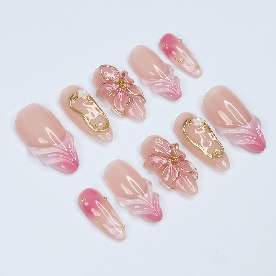 Blush Bloom Elegance Press On Nails with 3D Floral Accents, Gold Details & Pink Ombre, Suitable for Wedding, Events or Gift for Her