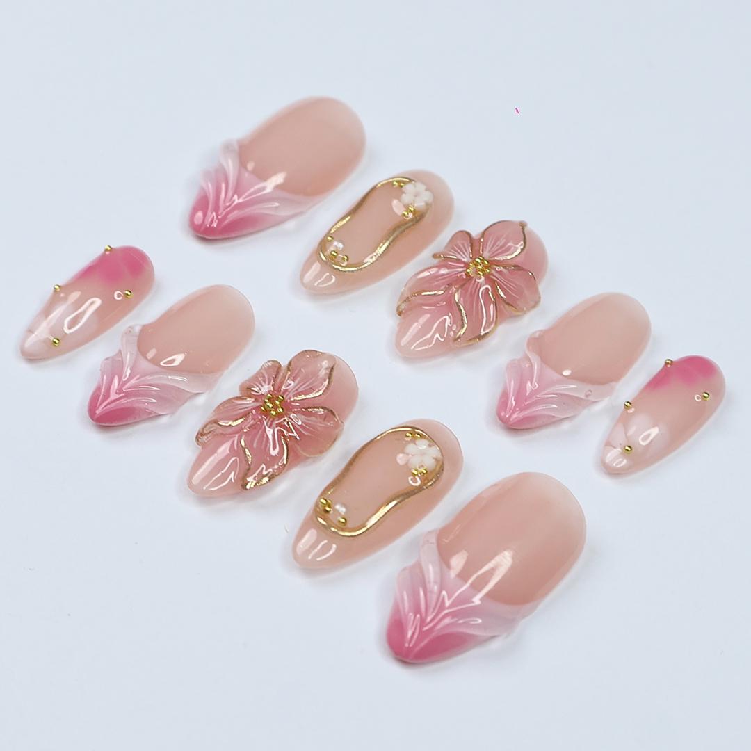 Blush Bloom Elegance Press On Nails with 3D Floral Accents, Gold Details & Pink Ombre, Suitable for Wedding, Events or Gift for Her