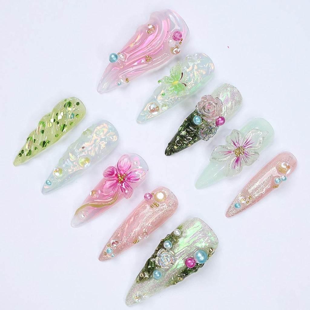 Whimsical Press On Nails Green & Pink Long Stiletto Nails With 3D Flowers, Butterfly Details, Perfect For A Magical Spring, Vacation Or Gift