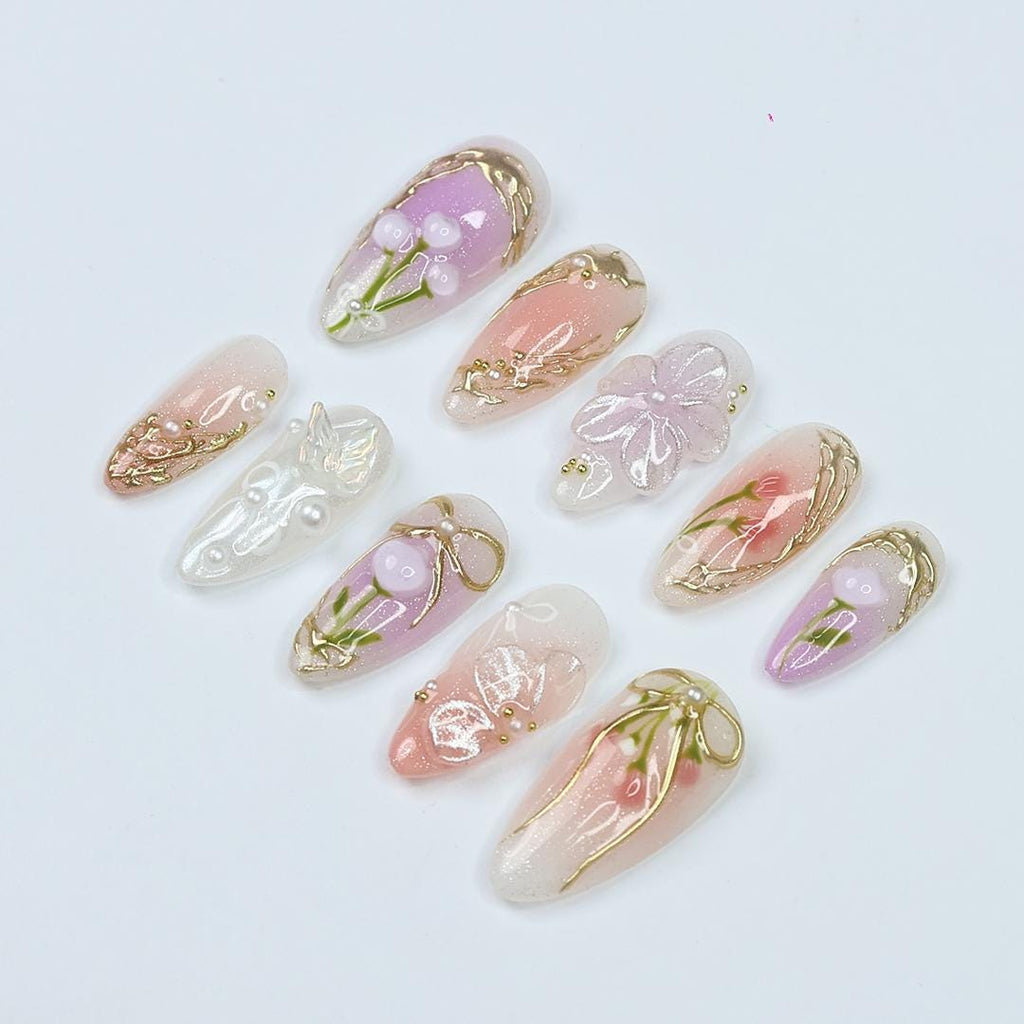 Fairy-Tale Spring Press On Nails, Almond Nails With Gold Ribbons, Pearls & Floral Details, Perfect For A Prom, Garden Party