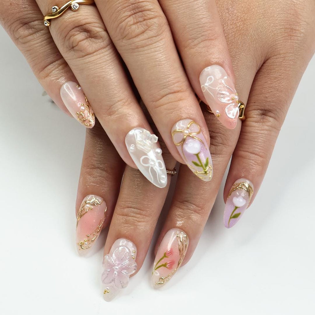 Fairy-Tale Spring Press On Nails, Almond Nails With Gold Ribbons, Pearls & Floral Details, Perfect For A Prom, Garden Party
