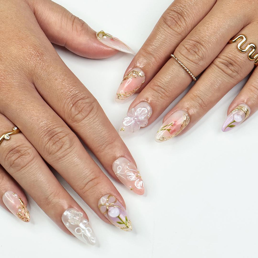 Fairy-Tale Spring Press On Nails, Almond Nails With Gold Ribbons, Pearls & Floral Details, Perfect For A Prom, Garden Party