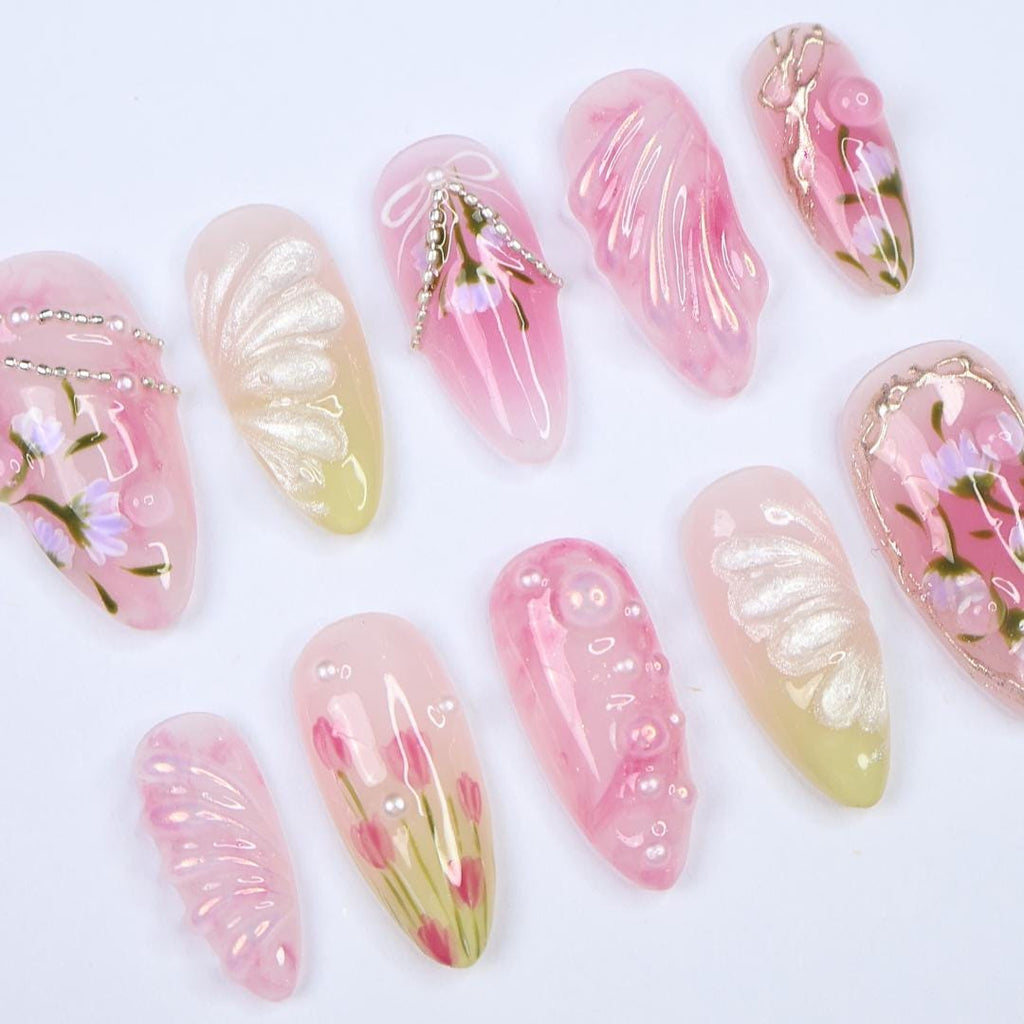 Dreamy Pink Almond Press On Nails with 3D Flower Art, Silver Details And Bow, Handmade Almond Nails Perfect For Spring, Birthday & Gifting
