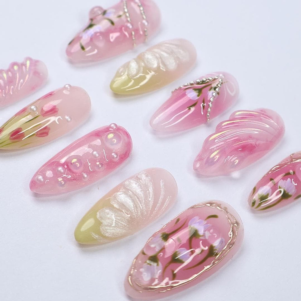 Dreamy Pink Almond Press On Nails with 3D Flower Art, Silver Details And Bow, Handmade Almond Nails Perfect For Spring, Birthday & Gifting